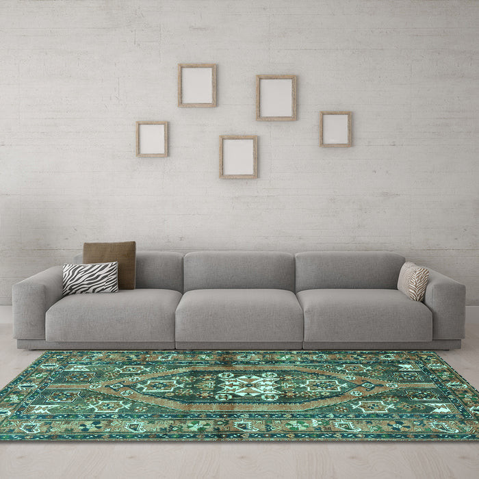 Machine Washable Persian Turquoise Traditional Area Rugs in a Living Room,, wshtr2833turq