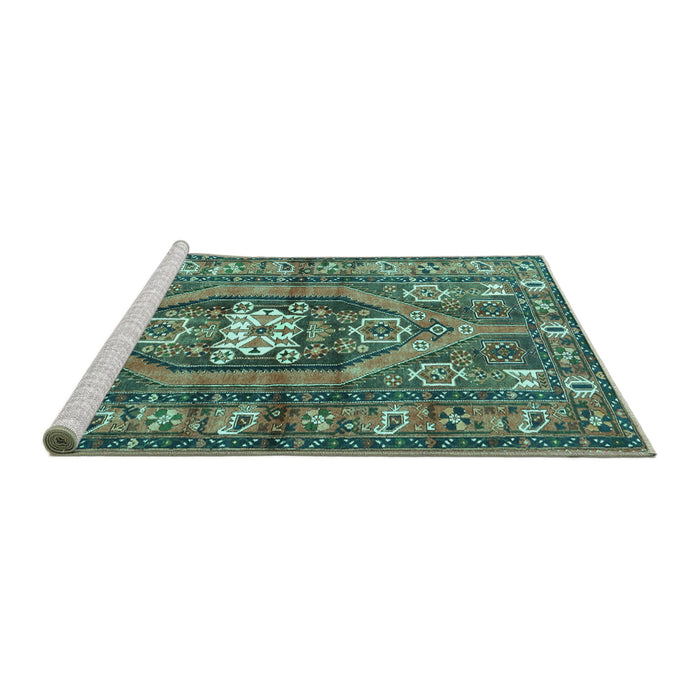 Sideview of Machine Washable Persian Turquoise Traditional Area Rugs, wshtr2833turq