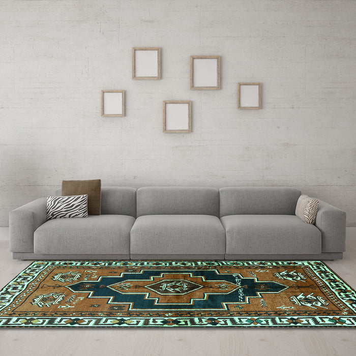 Machine Washable Persian Turquoise Traditional Area Rugs in a Living Room,, wshtr2835turq