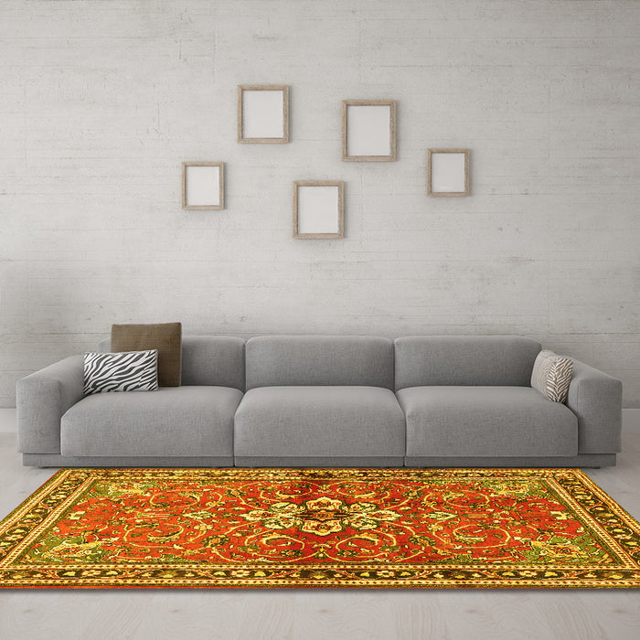 Machine Washable Persian Yellow Traditional Rug in a Living Room, wshtr2838yw