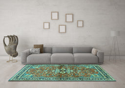 Machine Washable Persian Turquoise Traditional Area Rugs in a Living Room,, wshtr2838turq