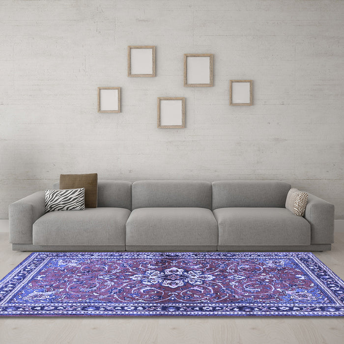 Machine Washable Persian Blue Traditional Rug in a Living Room, wshtr2838blu