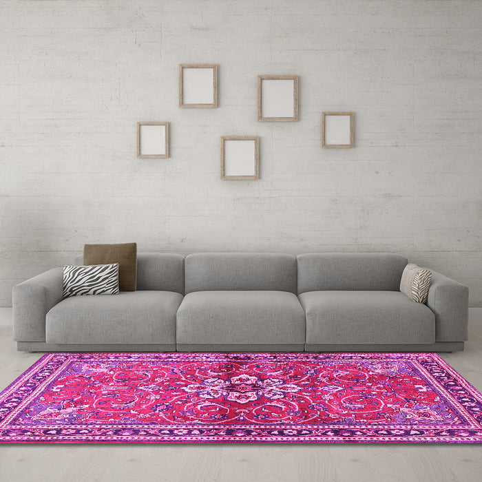 Machine Washable Persian Pink Traditional Rug in a Living Room, wshtr2838pnk