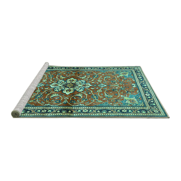 Sideview of Machine Washable Persian Turquoise Traditional Area Rugs, wshtr2838turq