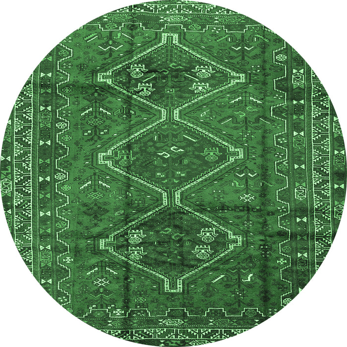 Round Machine Washable Persian Emerald Green Traditional Area Rugs, wshtr2839emgrn