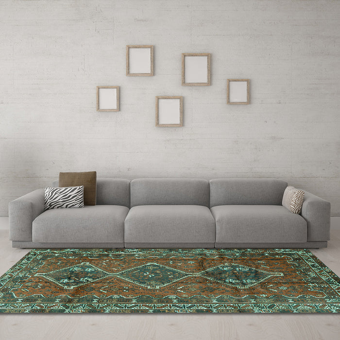 Machine Washable Persian Turquoise Traditional Area Rugs in a Living Room,, wshtr2839turq