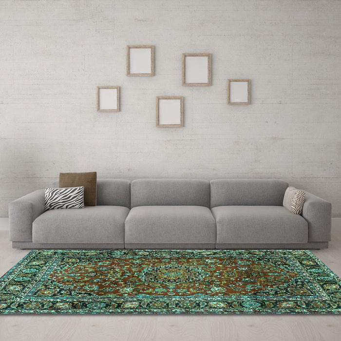 Machine Washable Persian Turquoise Traditional Area Rugs in a Living Room,, wshtr2840turq