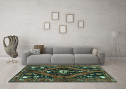Machine Washable Persian Turquoise Traditional Area Rugs in a Living Room,, wshtr2841turq