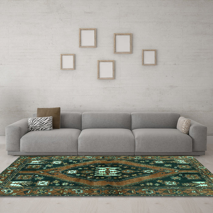 Machine Washable Persian Turquoise Traditional Area Rugs in a Living Room,, wshtr2841turq