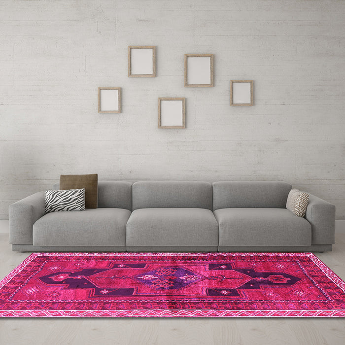 Machine Washable Persian Pink Traditional Rug in a Living Room, wshtr2842pnk