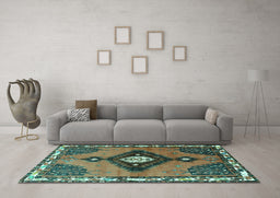 Machine Washable Persian Turquoise Traditional Area Rugs in a Living Room,, wshtr2843turq