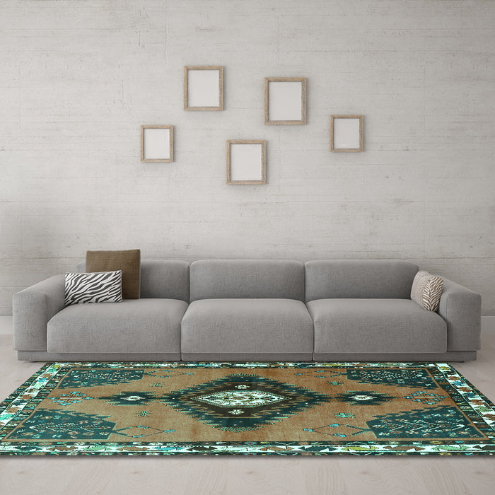 Machine Washable Persian Turquoise Traditional Area Rugs in a Living Room,, wshtr2843turq