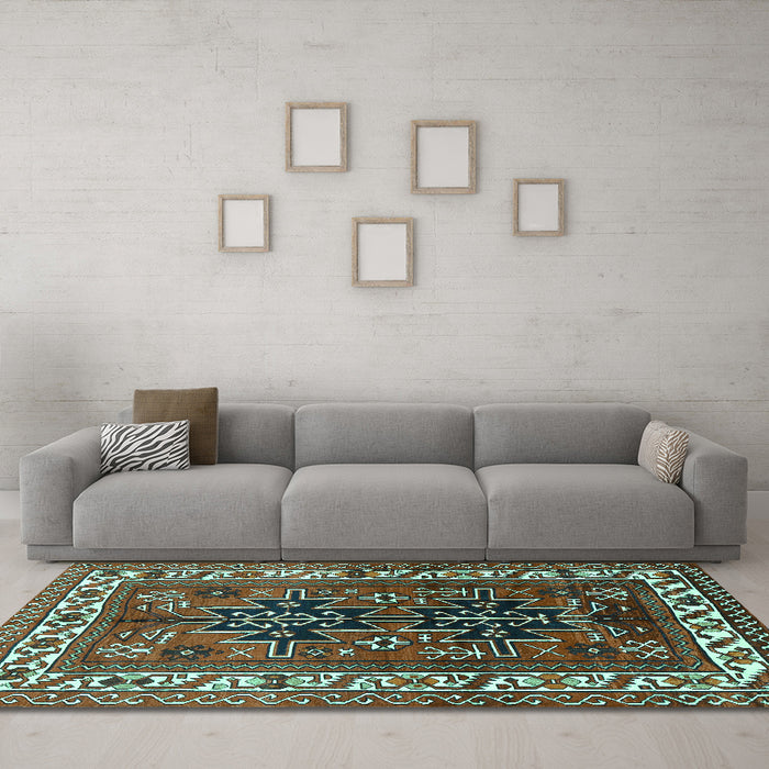 Machine Washable Persian Turquoise Traditional Area Rugs in a Living Room,, wshtr2845turq