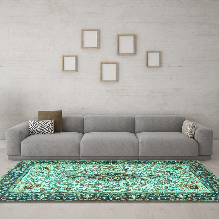 Machine Washable Persian Turquoise Traditional Area Rugs in a Living Room,, wshtr2848turq