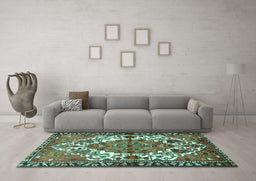 Machine Washable Persian Turquoise Traditional Area Rugs in a Living Room,, wshtr2851turq