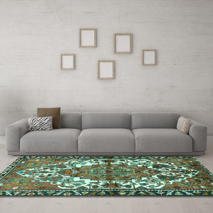 Machine Washable Persian Turquoise Traditional Area Rugs in a Living Room,, wshtr2851turq