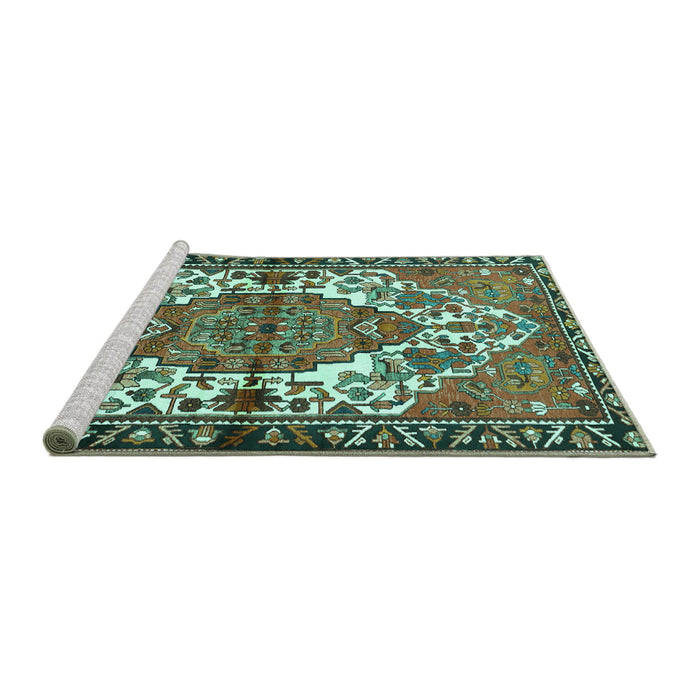 Sideview of Machine Washable Persian Turquoise Traditional Area Rugs, wshtr2851turq