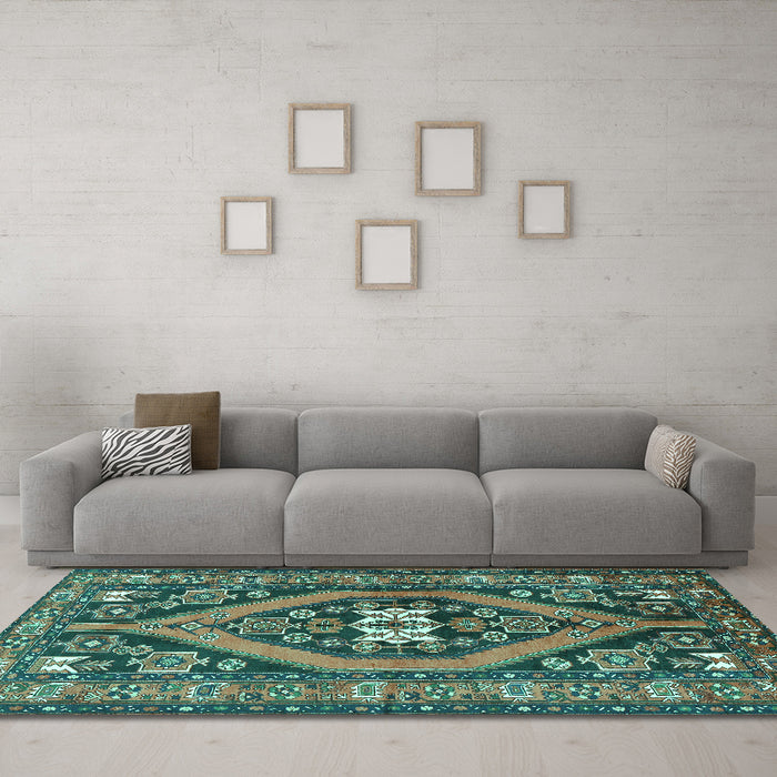 Machine Washable Persian Turquoise Traditional Area Rugs in a Living Room,, wshtr2853turq