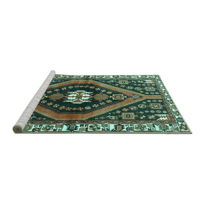 Sideview of Machine Washable Persian Turquoise Traditional Area Rugs, wshtr2855turq
