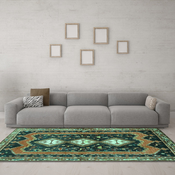Machine Washable Persian Turquoise Traditional Area Rugs in a Living Room,, wshtr2856turq