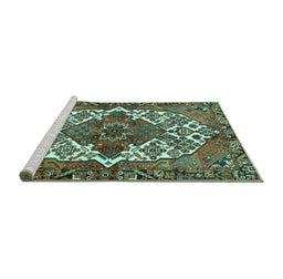 Sideview of Machine Washable Persian Turquoise Traditional Area Rugs, wshtr2857turq