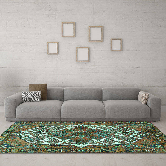 Machine Washable Persian Turquoise Traditional Area Rugs in a Living Room,, wshtr2857turq