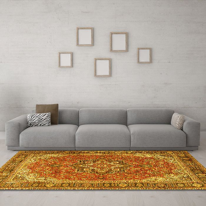 Machine Washable Persian Yellow Traditional Rug in a Living Room, wshtr2858yw
