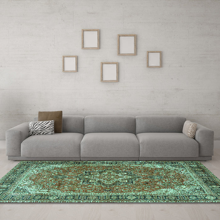 Machine Washable Persian Turquoise Traditional Area Rugs in a Living Room,, wshtr2858turq