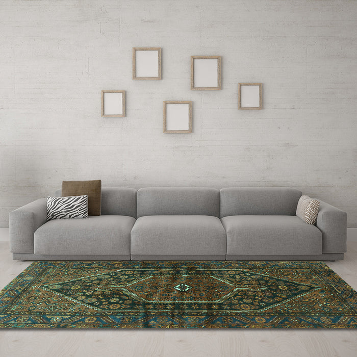 Machine Washable Persian Turquoise Traditional Area Rugs in a Living Room,, wshtr2859turq