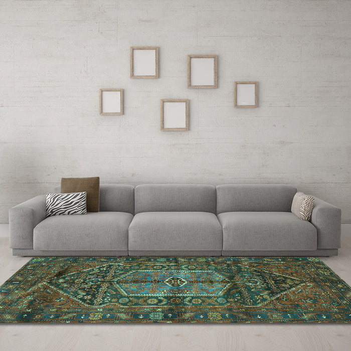Machine Washable Persian Turquoise Traditional Area Rugs in a Living Room,, wshtr2863turq
