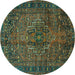 Round Machine Washable Persian Turquoise Traditional Area Rugs, wshtr2864turq