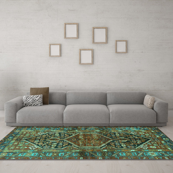 Machine Washable Persian Turquoise Traditional Area Rugs in a Living Room,, wshtr2865turq