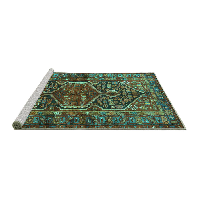 Sideview of Machine Washable Persian Turquoise Traditional Area Rugs, wshtr2865turq