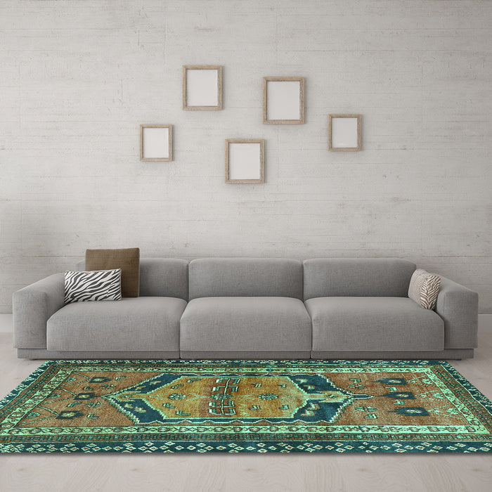 Machine Washable Persian Turquoise Traditional Area Rugs in a Living Room,, wshtr2868turq