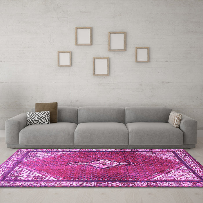 Machine Washable Medallion Purple Traditional Area Rugs in a Living Room, wshtr2869pur