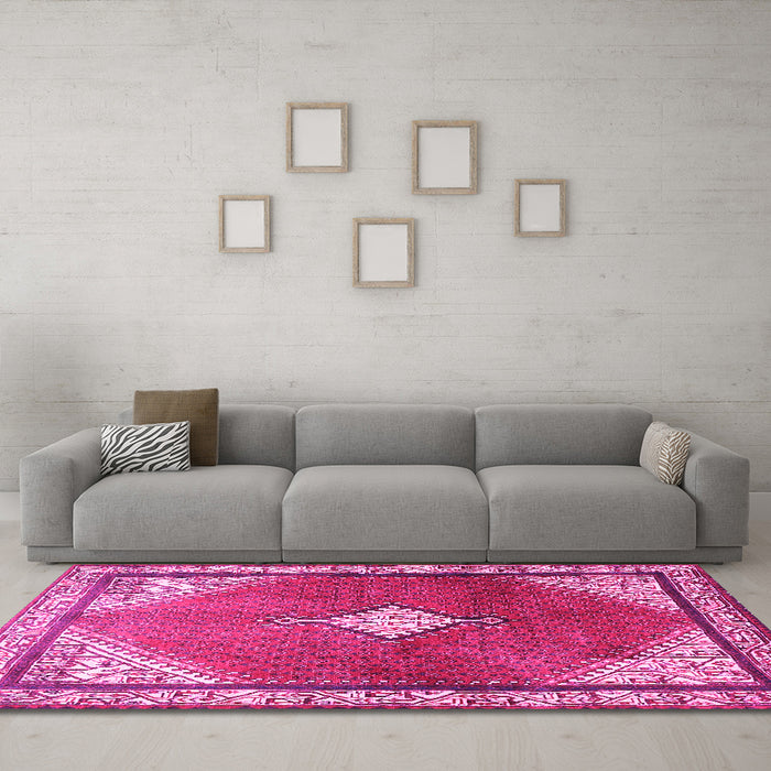 Machine Washable Medallion Pink Traditional Rug in a Living Room, wshtr2869pnk