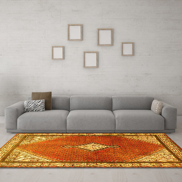 Machine Washable Medallion Yellow Traditional Rug in a Living Room, wshtr2869yw
