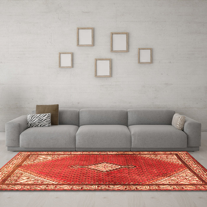 Machine Washable Medallion Orange Traditional Area Rugs in a Living Room, wshtr2869org