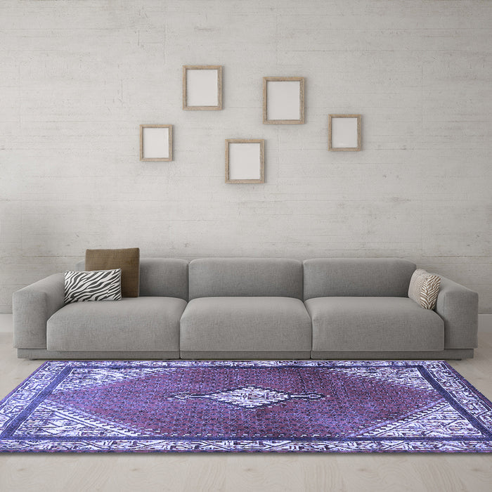 Machine Washable Medallion Blue Traditional Rug in a Living Room, wshtr2869blu