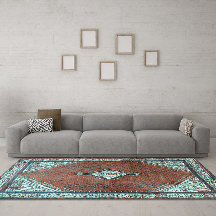 Machine Washable Medallion Light Blue Traditional Rug in a Living Room, wshtr2869lblu