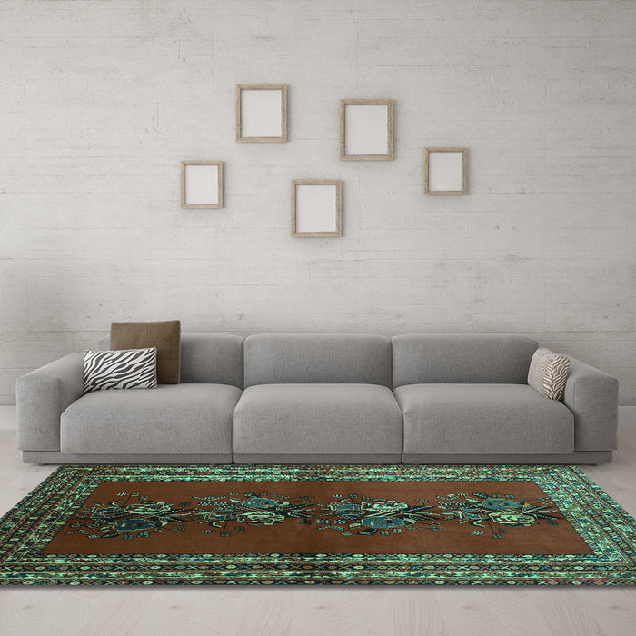 Machine Washable Persian Turquoise Traditional Area Rugs in a Living Room,, wshtr286turq