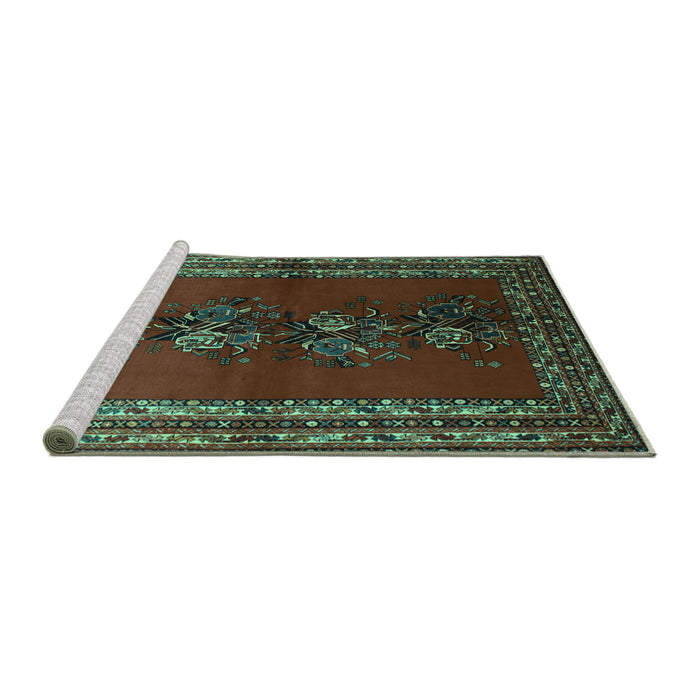 Sideview of Machine Washable Persian Turquoise Traditional Area Rugs, wshtr286turq
