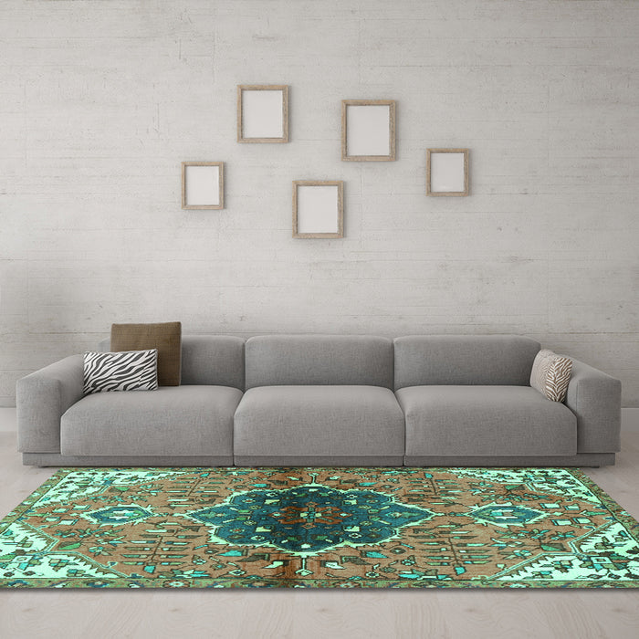 Machine Washable Persian Turquoise Traditional Area Rugs in a Living Room,, wshtr2871turq