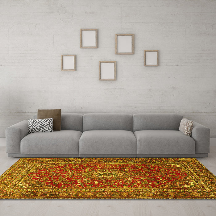 Machine Washable Persian Yellow Traditional Rug in a Living Room, wshtr2872yw