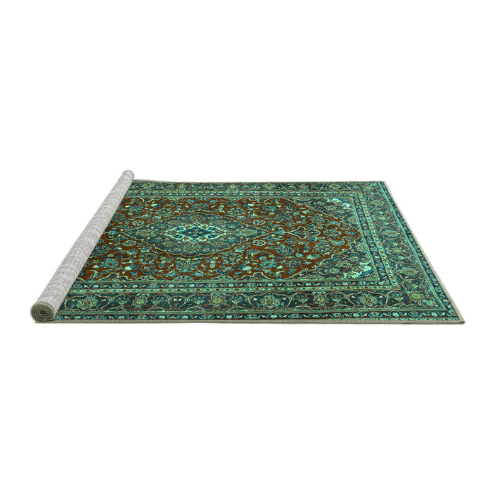 Sideview of Machine Washable Persian Turquoise Traditional Area Rugs, wshtr2872turq