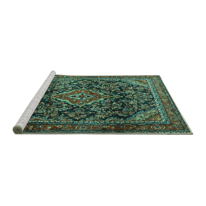 Sideview of Machine Washable Persian Turquoise Traditional Area Rugs, wshtr2873turq