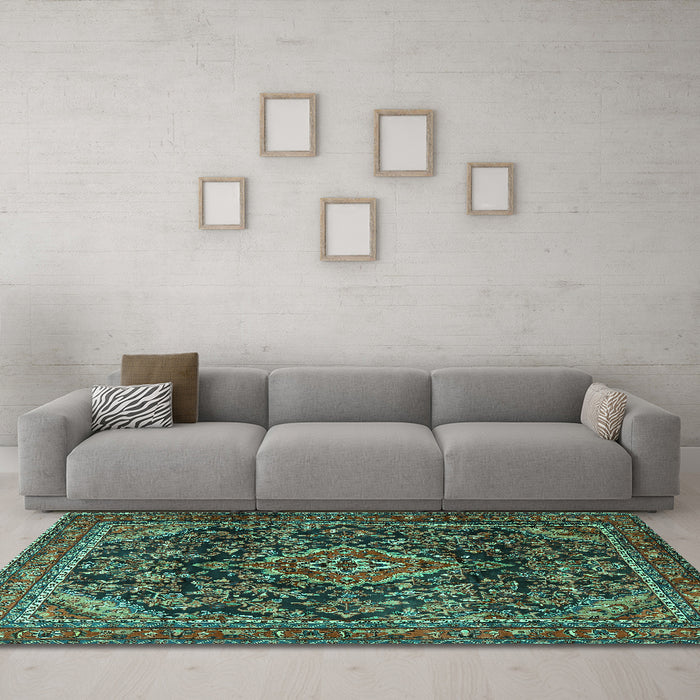 Machine Washable Persian Turquoise Traditional Area Rugs in a Living Room,, wshtr2873turq