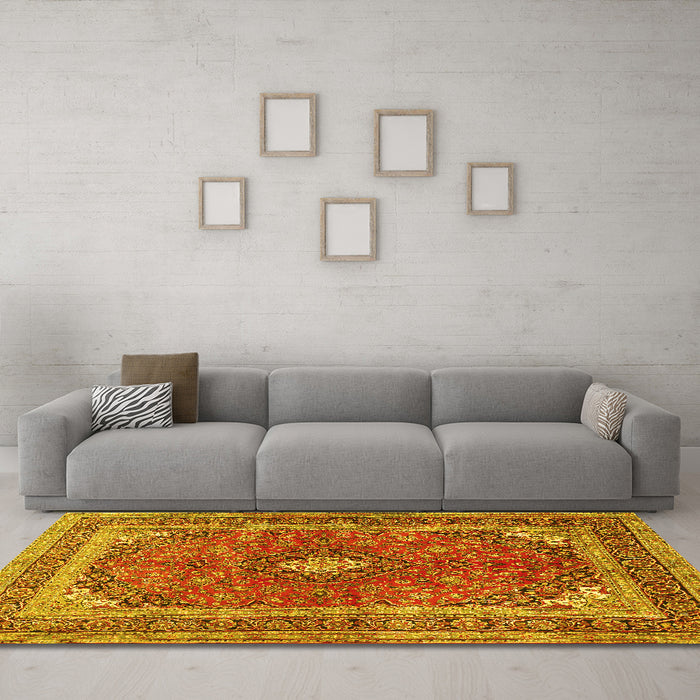 Machine Washable Medallion Yellow Traditional Rug in a Living Room, wshtr2874yw