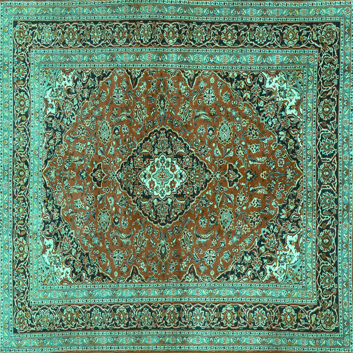 Square Machine Washable Medallion Turquoise Traditional Area Rugs, wshtr2874turq