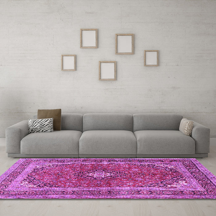 Machine Washable Medallion Purple Traditional Area Rugs in a Living Room, wshtr2874pur